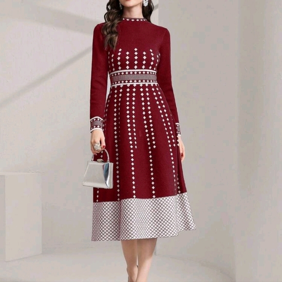 Women's Color Block Geometric Print Long Sleeve Sweater Dress - Picture 1 of 5